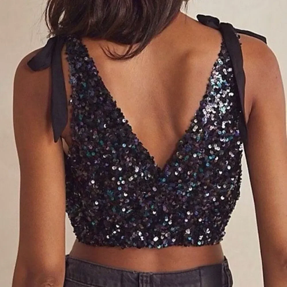 Free People Big Night Sequin Crop Top in Black Size Medium $68